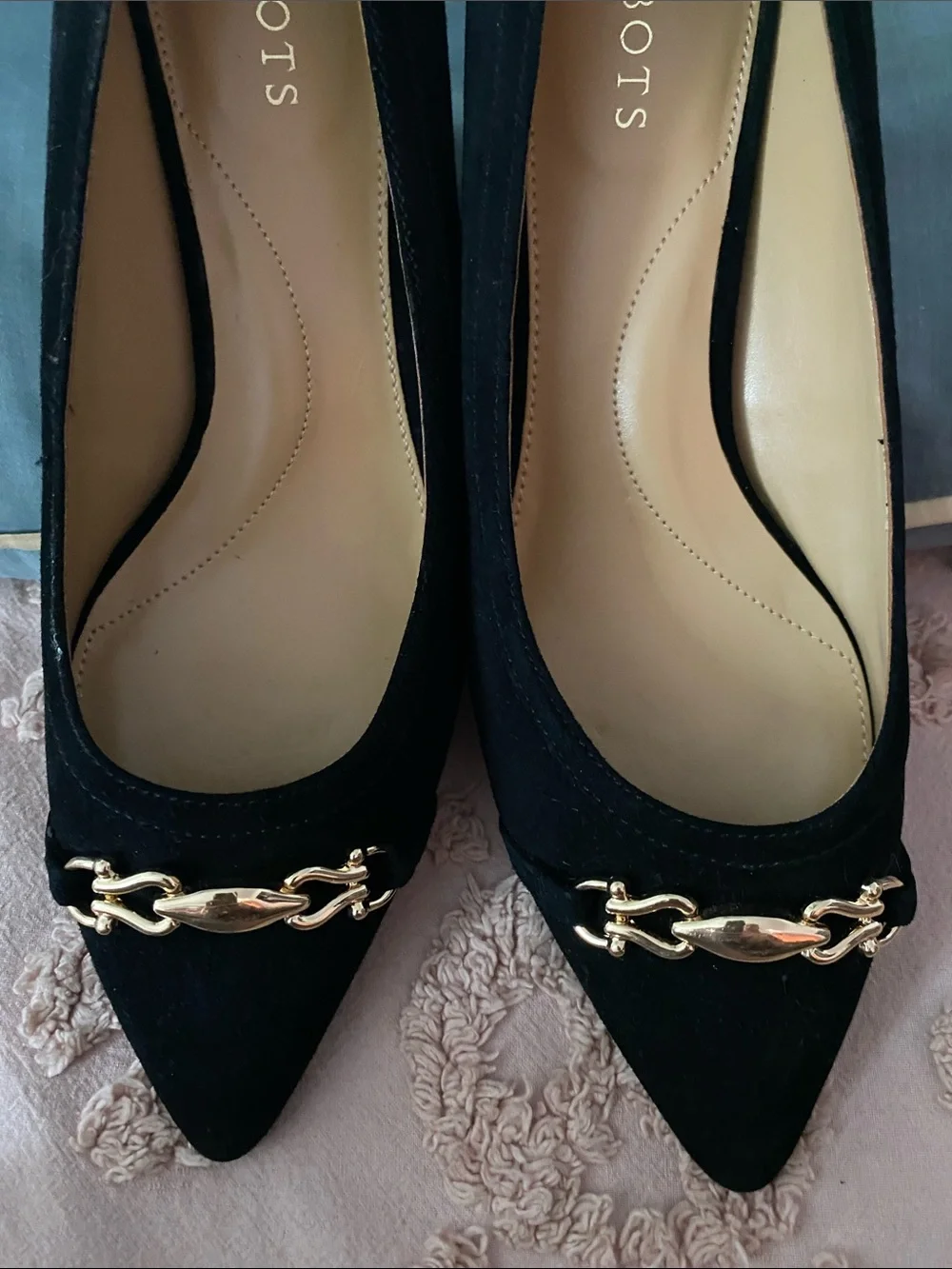 Talbots Black Pointed-Toe Flats with Gold Chain Detail